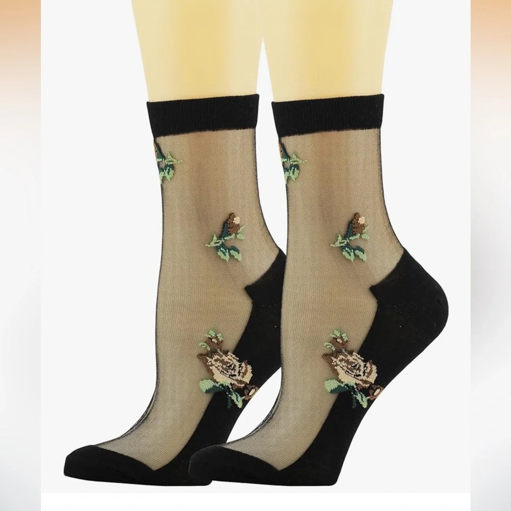 🆕 Floral Embroidered Sheer Ankle Socks - Black